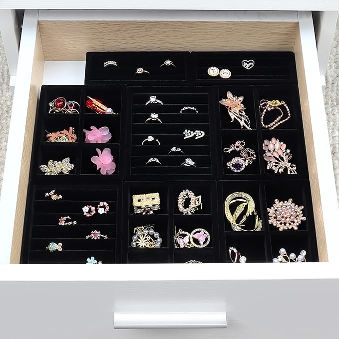Small Jewelry Tray-Ring Organizer 2PCS Premium Velvet Rings Earrings Display Tray Storage Insert Holder for Jewelry Box, Drawer, Dresser (8 Slots, Black)