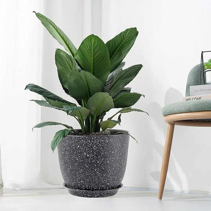 12inch Large Plant Pot, Modern Plastic Planter with High Driange Holes and Saucer for Indoor Outdoor Garden Plants and Flowers, Black Speckles