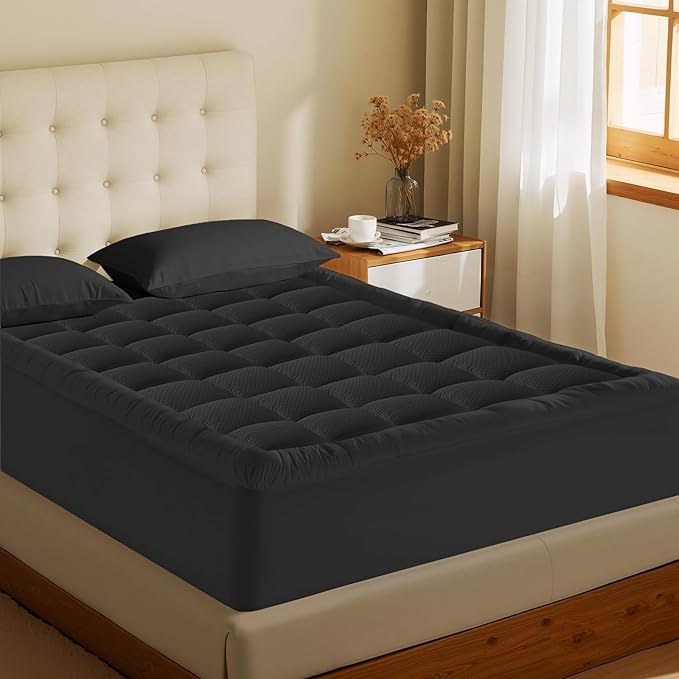MATBEBY Queen Size Mattress Pad - Cooling Breathable Mattress Topper, Quilted Fitted Mattress Protector, Pillow Top Mattress Cover with 8-21" Deep Pocket, Soft, Machine Washable, Black, 60x80 Inches