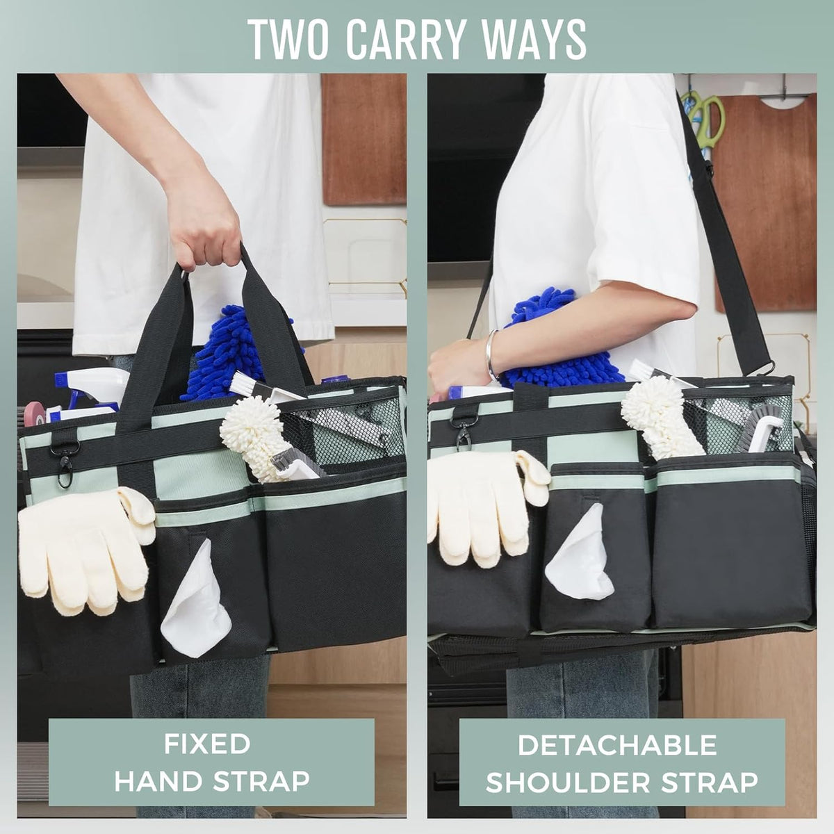 Wearable Cleaning Caddy, Cleaning Caddy Supplies Organizer with Handle & Shoulder Straps for Housekeepers, Under Sink & Car Cleaning Tool Organizers Bag with 4 Foldable Divider (Celadon)