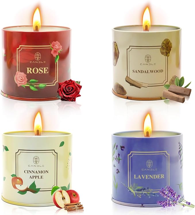 Scented Candles 4 Pack Soy Wax Long Lasting Rose Lavender Sandalwood Apple Fragrance Gifts for Women Mother's Day Thanksgiving Day Christmas Day