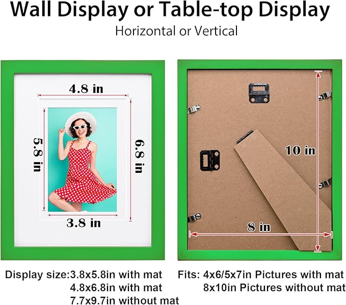 KINLINK 8x10 Picture Frame Grass Green, Solid Wood Frames with Acrylic Plexiglass for Pictures 4x6/5x7 with Mat or 8x10 without Mat, Tabletop and Wall Display Photo Frame, 4 Pack