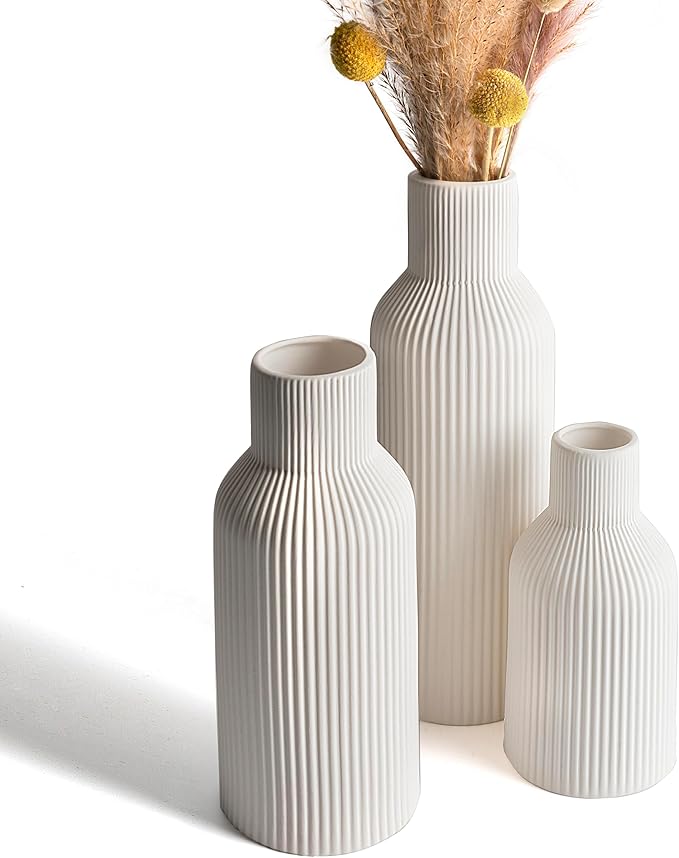 White Ceramic Vases Set of 3, White Ribbed Decorative Vases - Table Centerpieces for Wedding, Living Room, Office & Shelf Decor