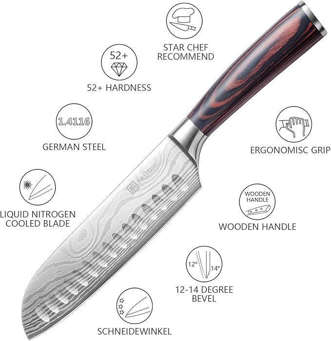 PAUDIN Santoku Knife, 7 Inch Kitchen Knife, Ultra Sharp Edge - Forged High Carbon German Stainless Steel, Professional Chef Knife with Ergonomic Handle, Gifts for Men and Women