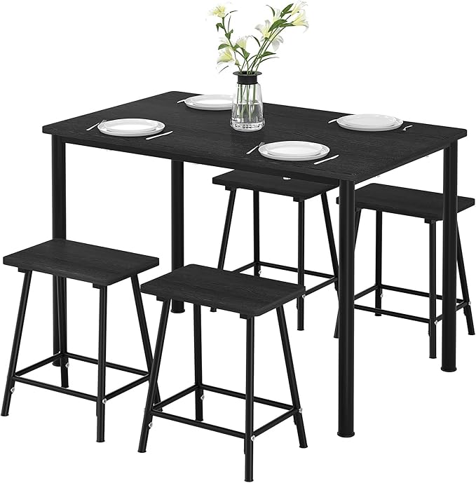 VECELO Kitchen Table and Chairs for 4, Dining Room Set with Chairs/Stools, Heavy-Duty Metal Frame with Wooden Tabletop for Small Spaces, Easy Assembly, Elegant Black