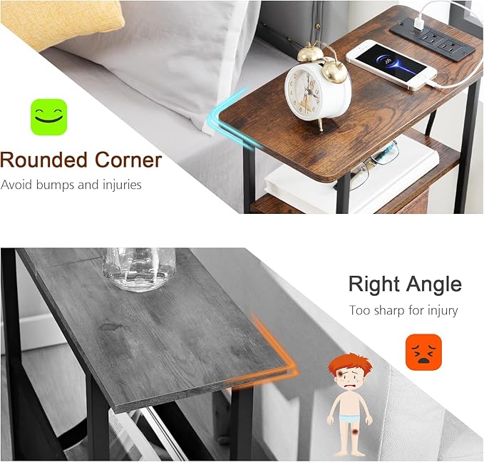 Narrow Nightstand with Charging Station, End Tables Living Room Set of 2, Skinny Side Table with Fabric Drawers, Slim Sofa Table for Bedroom, Small Spaces, Couch, Rustic Brown, HETNDP02PBR