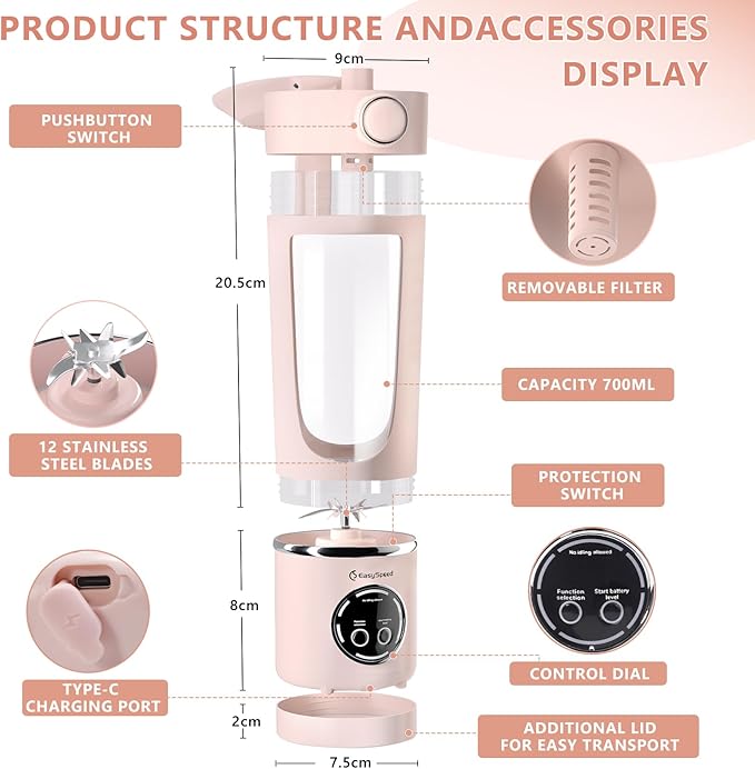 EasySpeed Personal Portable Blender,USB Type-C Rechargeable,700ml Juicer Cup,12 Stainless Steel Blades,4 Gear Modes,1500mAh Battery Capacity,Perfect for Fresh Juice at Home (Pink)