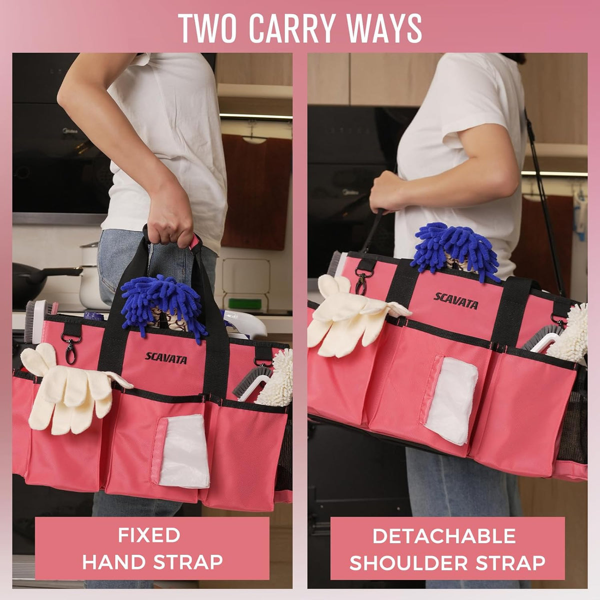 Wearable Cleaning Caddy Bag, Cleaning Caddy Supplies Organizer with Handle & Shoulder Straps for Housekeepers, Under Sink & Car Cleaning Tool Organizers with 4 Foldable Divider (RoseRed)