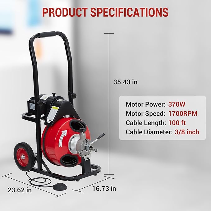 Auto Feed 100 FT x 3/8 in Drain Cleaner Machine with 370W Motor, Portable Sewer & Plumbing Snake Auger with 8 Cutters and Air-Activated Foot Switch, Electric Drain Snake for 1"–4" Pipes