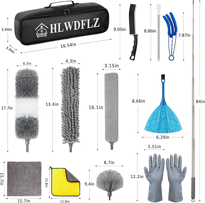 Microfiber Duster Kit 25pcs with 30 to 100 Inches Extension Pole and Baseboard Cleaner Tool, Washable and Bendable Feather Duster for Cleaning Ceiling Fans, High Ceilings, Cobwebs, Blinds,Grey
