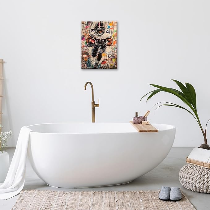 Graffiti Football Wall Art, Banksy American Football Pictures Wall Decor, Rugby Sports Canvas Prints Painting, Sport Poster Framed Artwork for Boys Room Bedroom Bathroom Living Room Office 24"X20"
