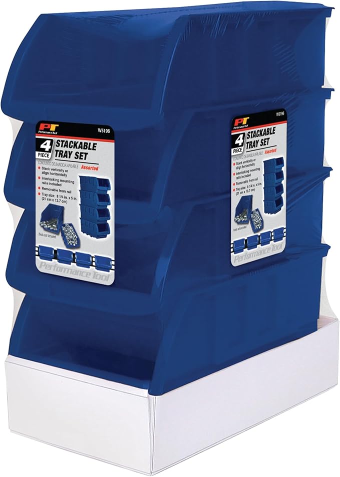 Performance Tool W5196 Large Stackable Storage Trays - Adjustable for Vertical or Horizontal Position, Blue, Pack of 4