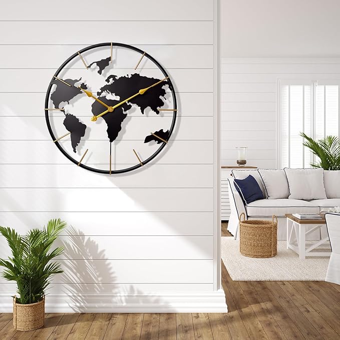 Large World Map Wall Clock, Metal Minimalist Modern Clock, Round Silent
