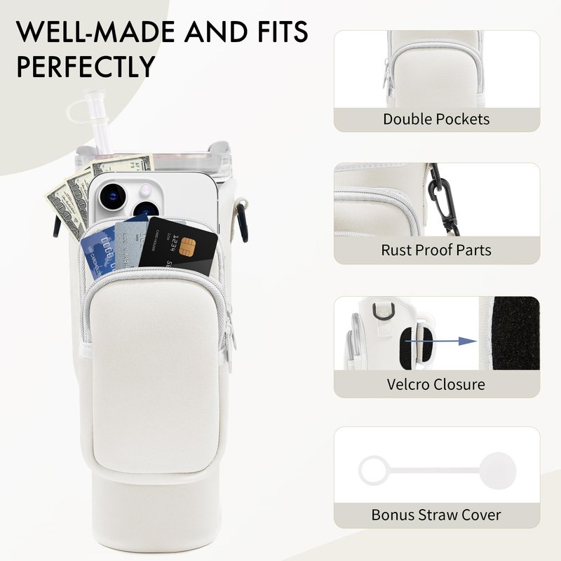 JEBEALUO Water Bottle Carrier Bag with Phone Pocket for Stanley Cup 40/30 oz, Water Bottle Holder with Adjustable Strap& Straw Cover, Stanley Cup Accessories (White)