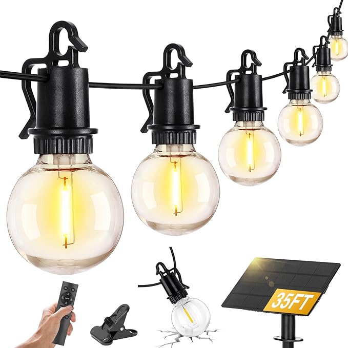 ZJOJO 35FT Solar String Lights Outdoor Waterproof, G40 Globe Patio Lights Solar Powered Outdoor String Lights with 15 2700K Shatterproof Bulbs Hanging Lights for Porch Garden Backyard Pergola Bistro
