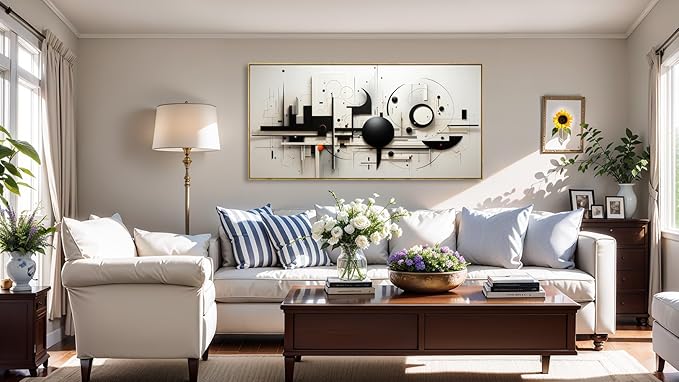 Abstract Wall Art Black and White Modern Artwork Geometric Line Art Canvas Painting Wall Decor for Living Room Bedroom Dining Room Home Office Decor 20"x40" with Framed…