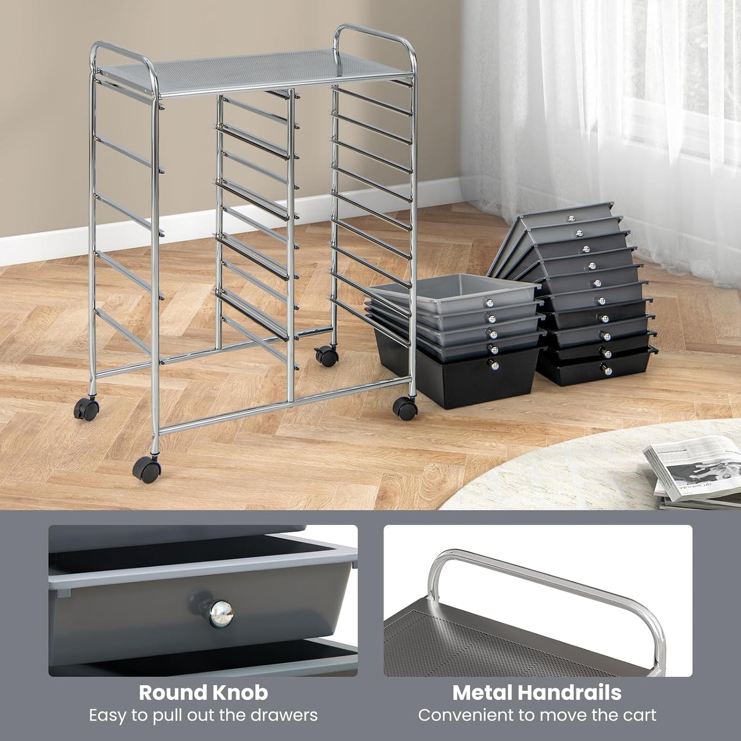 GOFLAME 15-Drawer Rolling Storage Cart, Multipurpose Movable Organizer Cart, Utility Cart for Home, Office, School, Gray Gradient