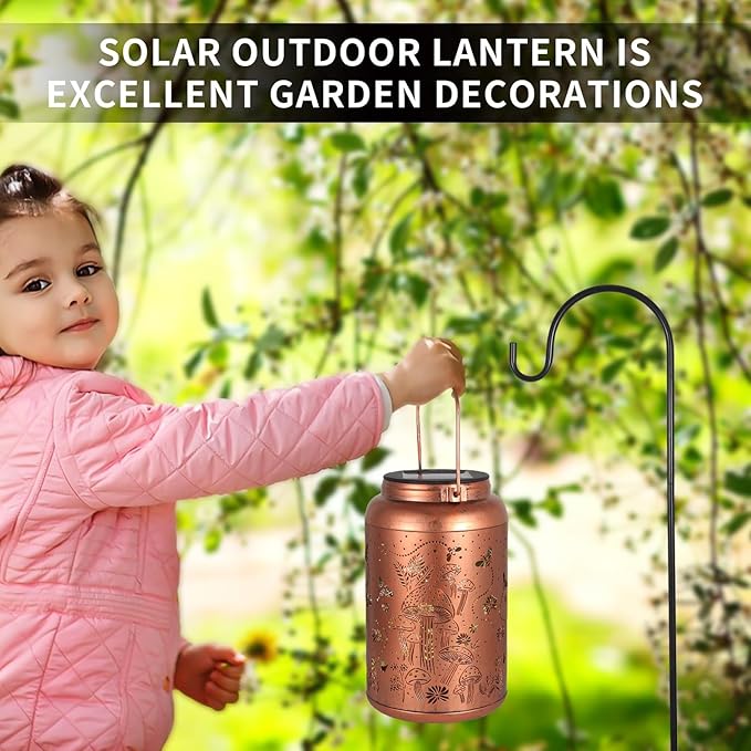 2 Pack Solar Lanterns Outdoor Waterproof, Mushroom Garden Decor Gifts for Women Mom Grandma Hanging Solar Lights Metal Solar Decoration Outside LED Lanterns for Yard, Patio, Lawn