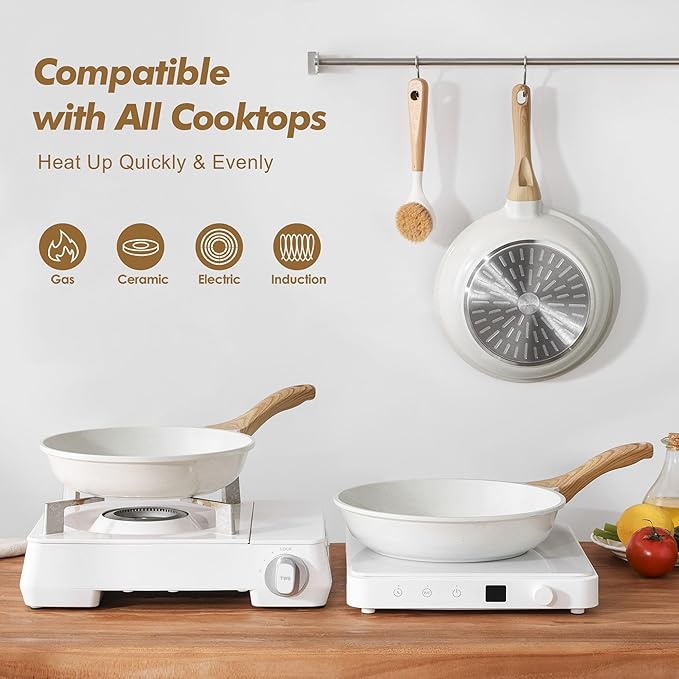 SENSARTE Nonstick Frying Pan Skillets, White Ceramic Coating Omelette Pans, Healthy Cookware Chef's Pan, Free of Intentionally Added PTFE & PFAS (9.5+11+12.5 Inch)