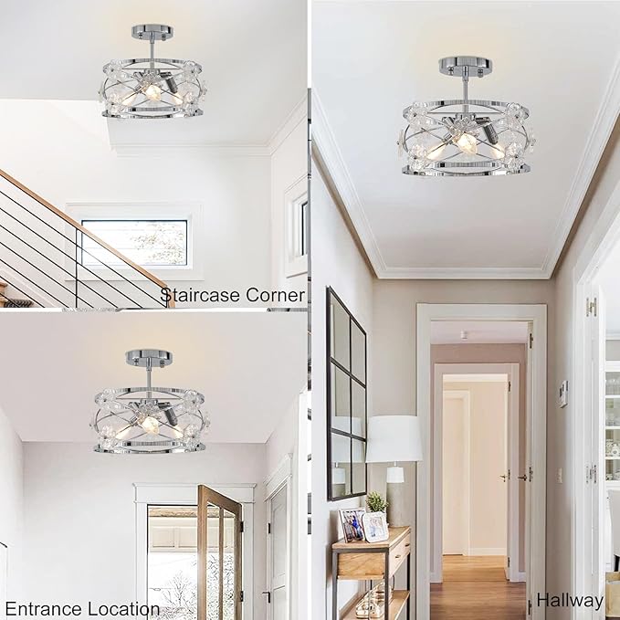 12.6" Semi Flush Mount Ceiling Light Modern 3-Lights Drum Ceiling Lighting with Chrome Finish Vintage Modern Crystal Flower Light Fixture for Bedroom, Entryway, Kitchen, Dining Room, E12