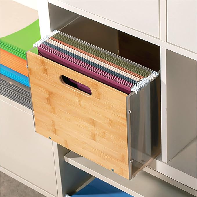 Clear Acrylic File Box Organizer, Bamboo Hanging Folder Storage Boxes, Filing Crate Bin Holder with Handle for Home Office Desk, Letter Size