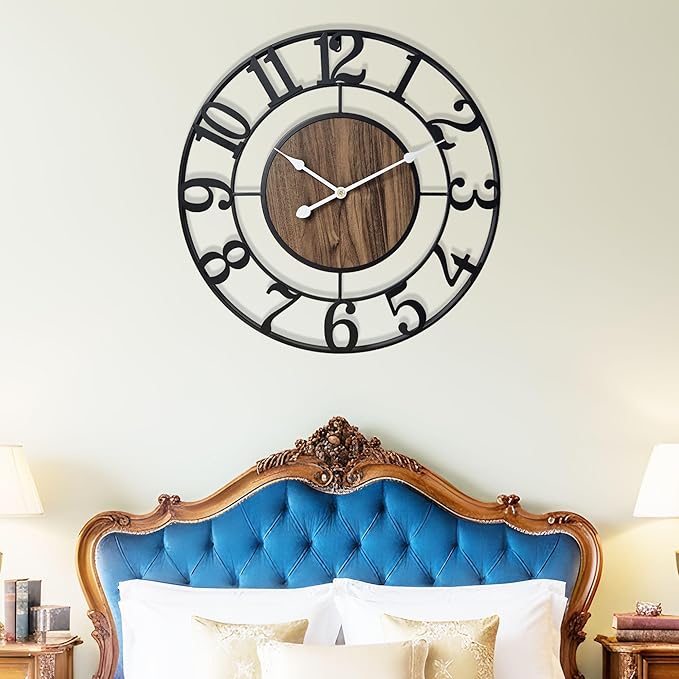 Large Metal Wall Clock, 24 Inch Retro Decorative Silent, Non Ticking, Battery