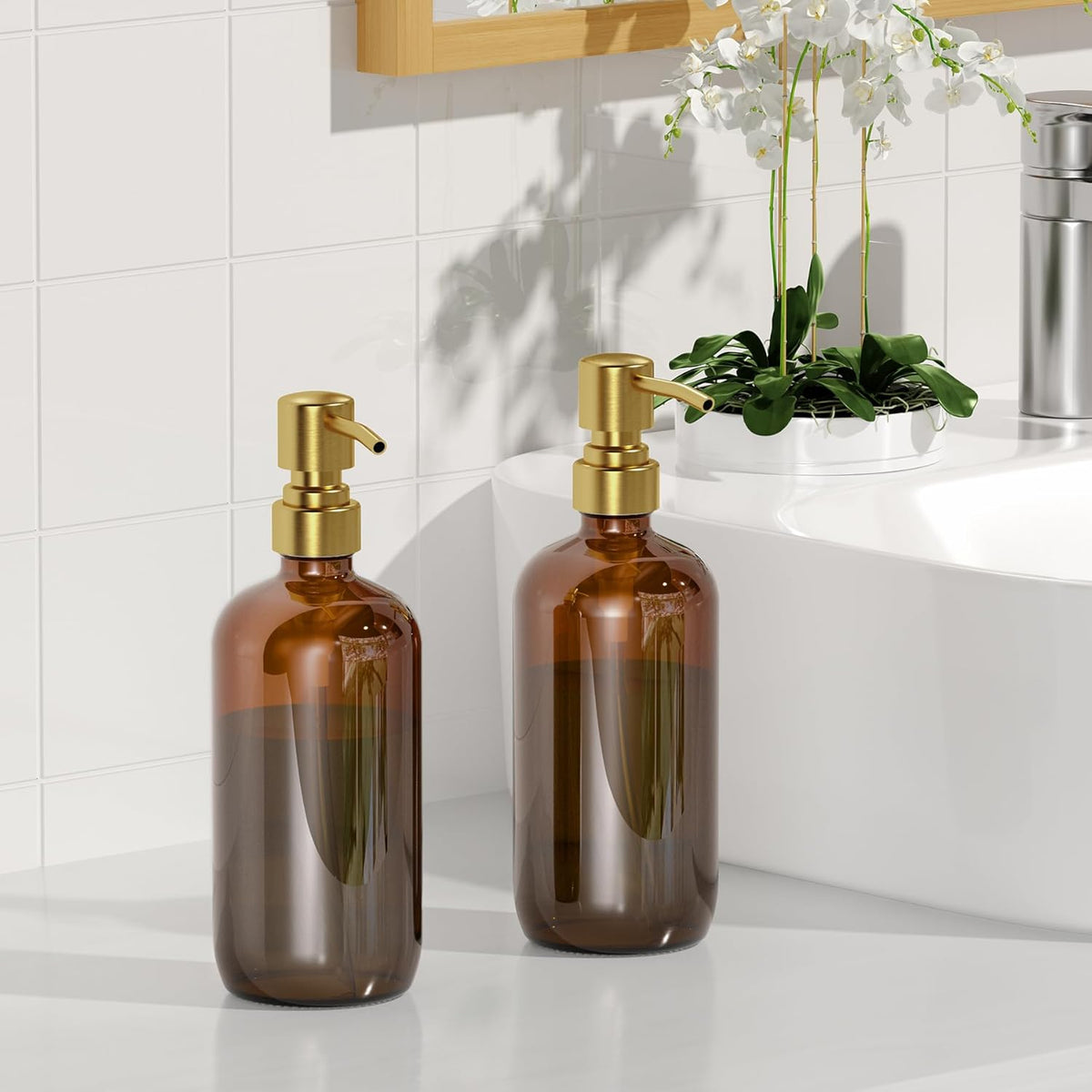 AmazerBath Amber Glass Soap Dispenser, 2 Pack Vintage Brown Bottle with Stainless Steel Pump,17 Oz Hand Dish Soap Dispenser Bottle, Modern Soap Dispensers for Bathroom Kitchen