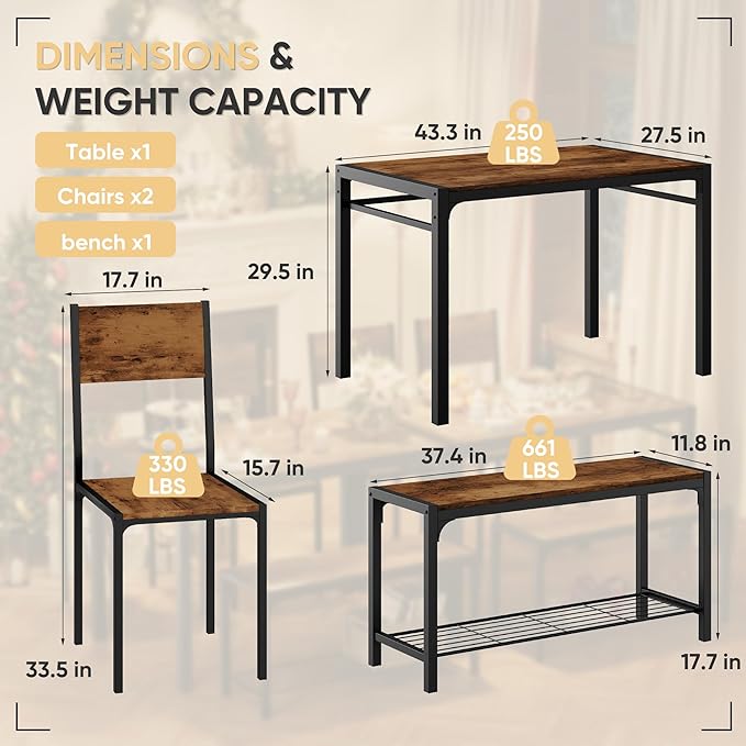 Shahoo Kitchen Table and 2 Chairs for 4 with Bench, 4 Piece Dining Sets for Small Space, Rust Brown