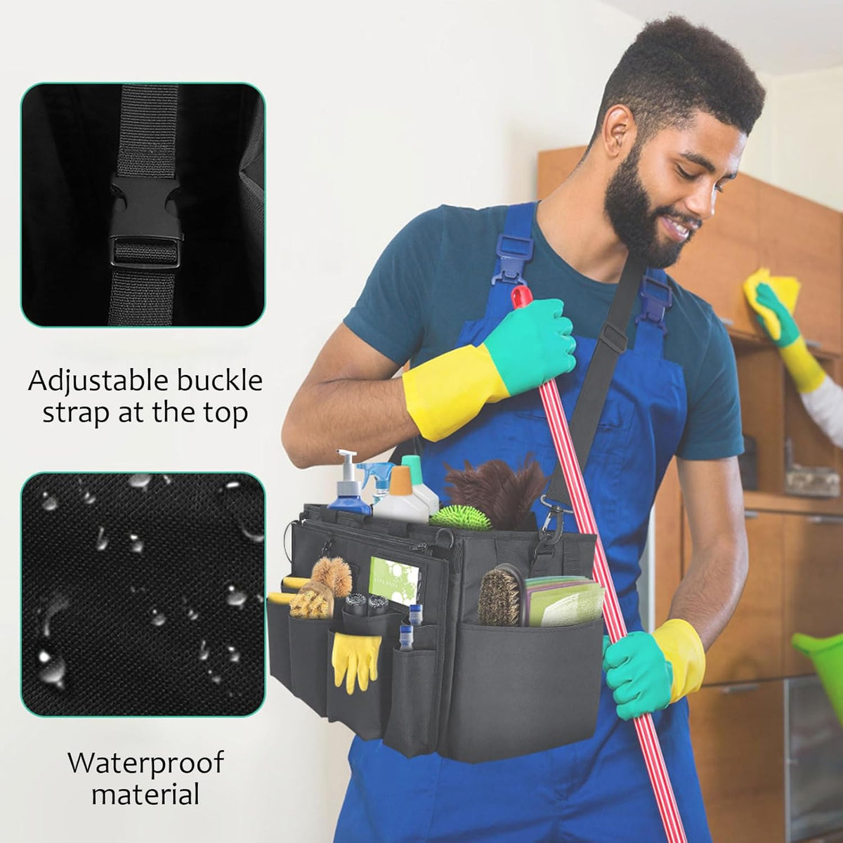Qivine Cleaning Caddy with Handle, Cleaning Supply Caddy Foldable Tool Bag Cleaning Products Organizers Portable Cleaning Bucket Organiser for Storing Towels(Black Square)