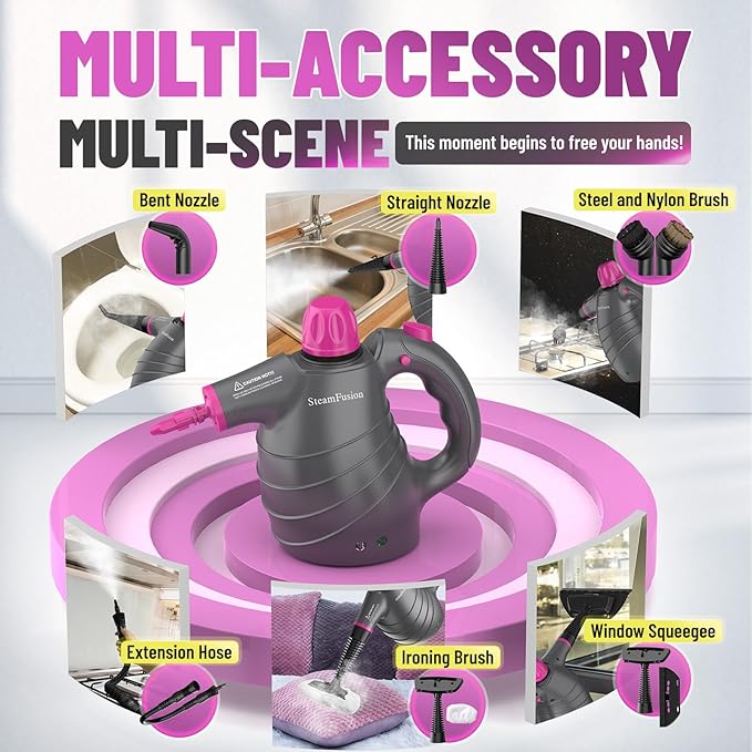 Pressurized Handheld Steam Cleaner with 10pcs Accessories&Safety Lock, Multi-Purpose Natural Deep Cleaning Steamer, Multi-Surface Steamer for Cleaning Home, Car, Upholstery, Grout and More