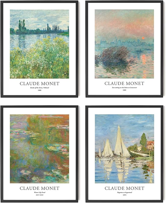 EVOLE HOME Claude Monet Giclée Art Print Set - 4 Unframed 11x14 Inch Impressions on Premium Matte Art Paper Artwork for Living Room Bedroom Dining Room Decor