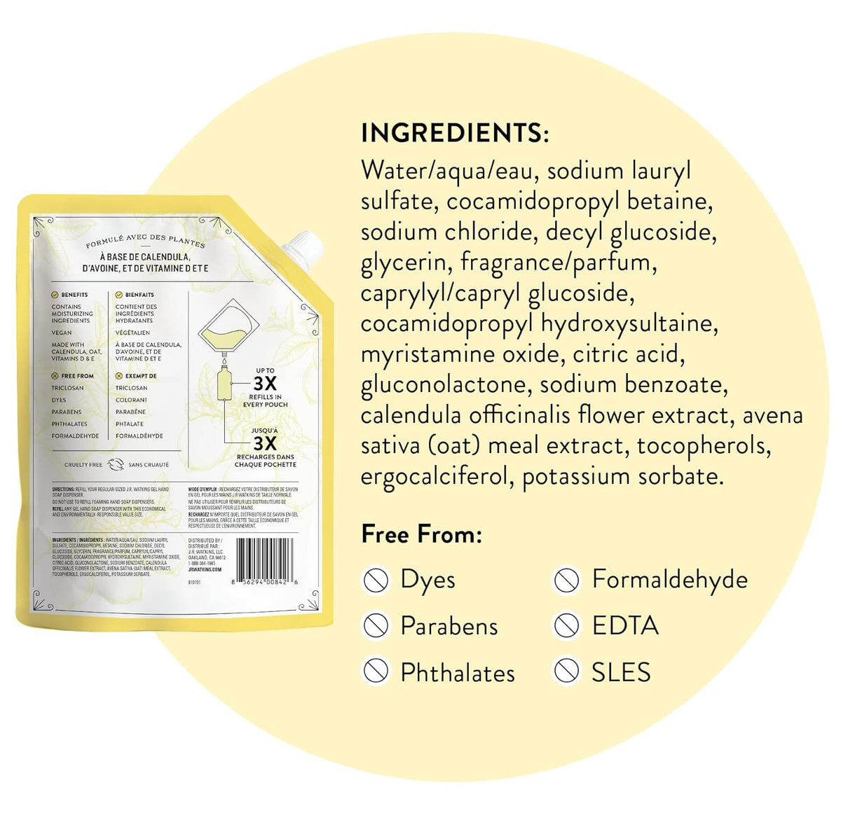 J.R. Watkins Gel Hand Soap Refill Pouch, Scented Liquid Hand Wash for Bathroom or Kitchen, USA Made and Cruelty Free, 34 fl oz, Lemon, 2 Pack