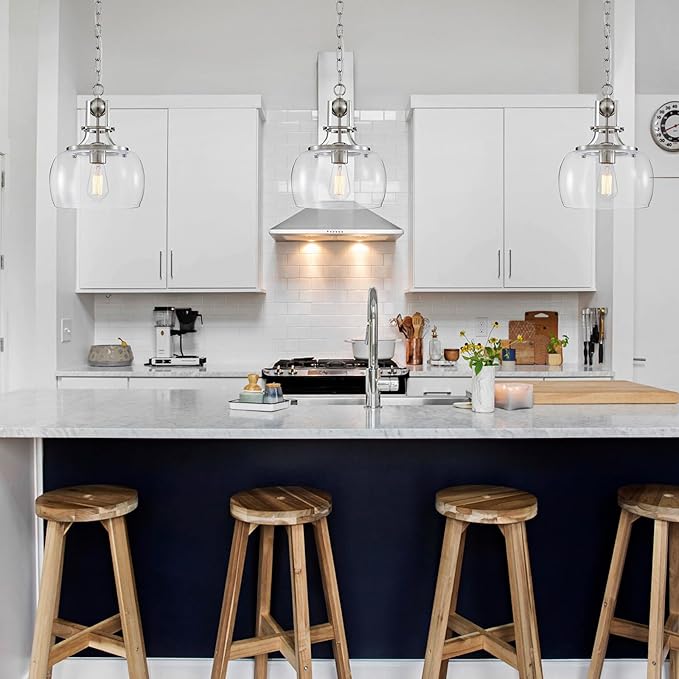 WUZUPS Chandelier Rustic Farmhouse Industrial Round Ceiling Pendant LED Light Fixture with Clear Glass Shades for Dining Room Kitchen Island Foyer Entryway, H 13" x W 10", E26 Base, Brushed Nickel