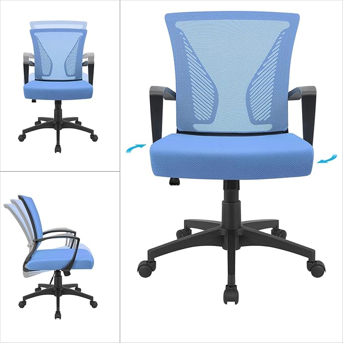 Furmax Office Chair Ergonomic Computer Desk Mesh Chair Mid Back Swivel Lumbar Support with Armrest (2, Blue)