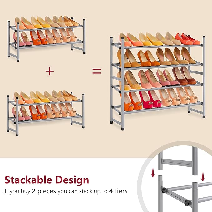 Tajsoon 2 Tier Expandable Shoe Rack for Closet, 28“-41“Adjustable & Stackable Shoe Shelf Storage, Metal Shoe Rack Organizer for Front Door Entrance, Closet, Garage, Entryway, Grey