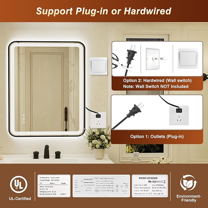 32x40 Inch Black Framed LED Bathroom Mirror