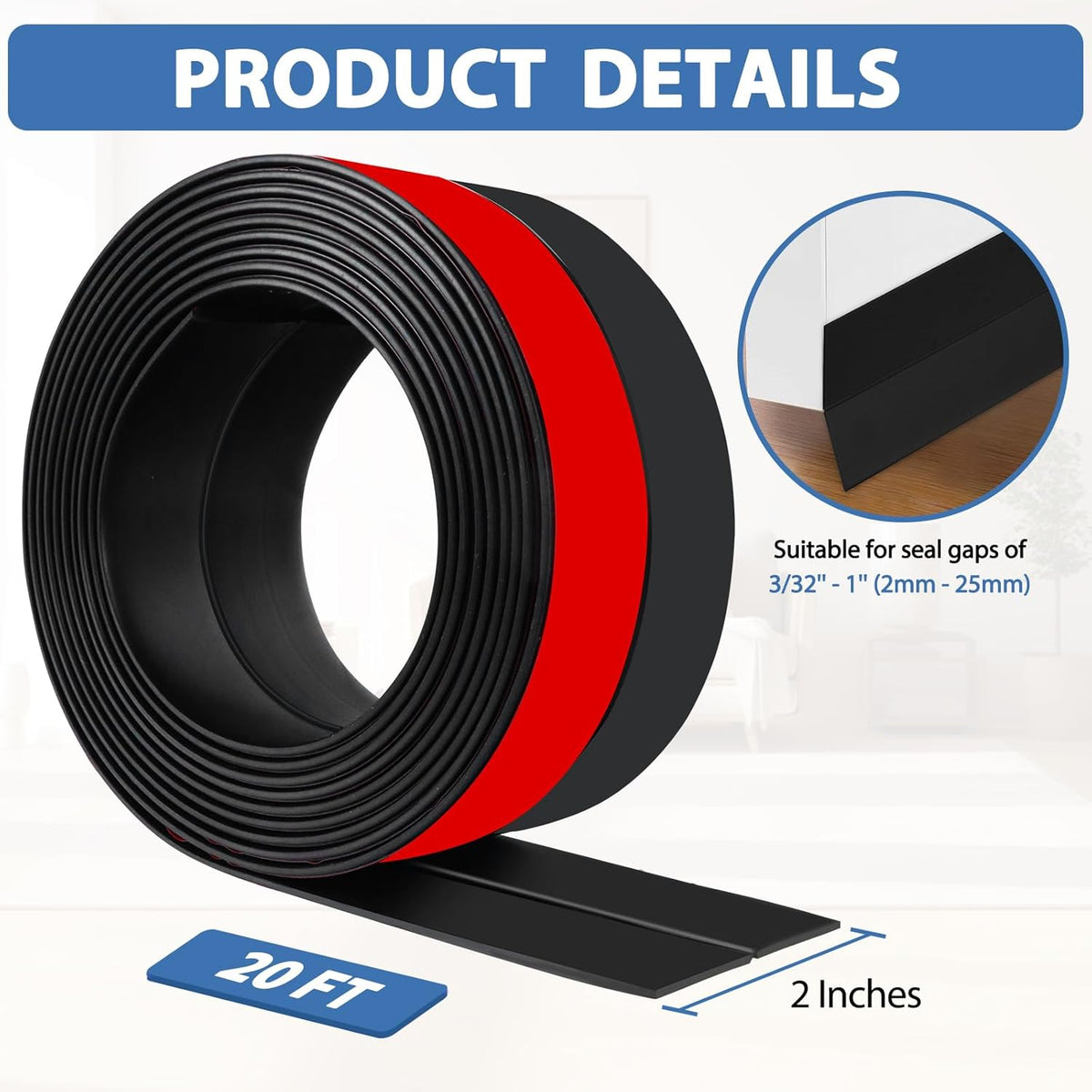 Weather Stripping Door Draft Stopper Flexible Self Adhesive Silicone Door Seal Strip for Glass Doors Windows and Shower Glass Gaps, 2 Inch Wide X 20 Feet Long, Black