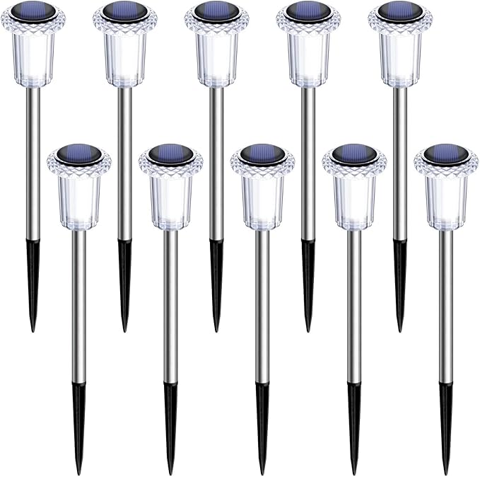 DenicMic Solar Lights Outdoor 10 Pack Waterproof 3000K Warm White LED Acrylic lamp Head Stainless Steel Stake for Landscape Lighting Path Walkway Sidewalk Backyard Patio Decor