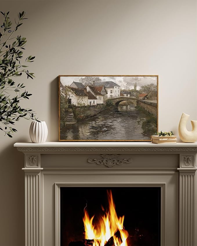 InSimSea Framed Canvas Wall Art Vintage Decor, Landscape Wall Art, Riverside Small Town Large Canvas Prints Home Decor, Rustic Farmhouse Wall Decor for Bedroom Living Room, 16"x24"