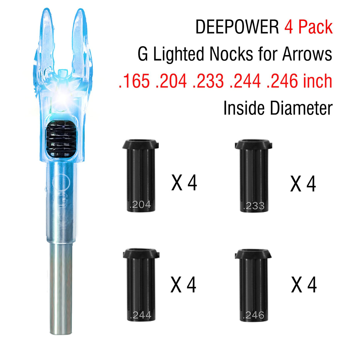 DEEPOWER 4/9 PCS G Lighted Nocks for Arrows .165 .204 .233 .244 .246 inch Inside Diameter with X,H,S,GT Bushings LED Lighted Nock and ON/Off Switch for Archrey Hunting
