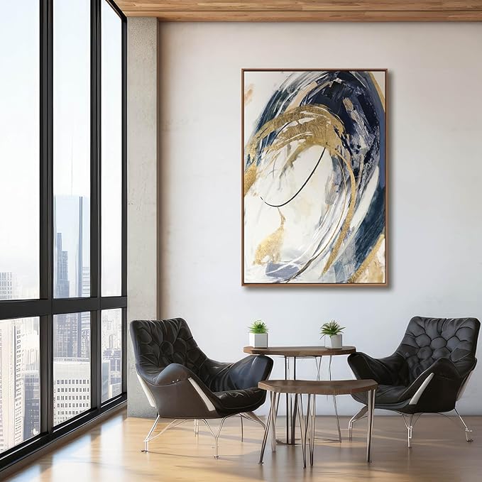 Large Wall Art Framed Artwork Gold Wall Decor Living Room Decorations Blue Wall Decor Abstract Painting Gold Line Artwork Line Office Decor Ready to Hang 32X48 Inch