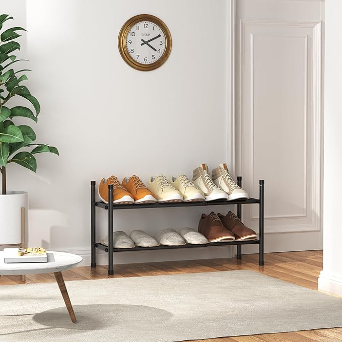 Expandable Shoe Rack, 2 Tier Shoe Rack for Closet, Stackable Adjustable Standing Metal Shoe Shelf Organizer Storage, Small Shoe Racks for Front Door Entrance、Entryway(Black)