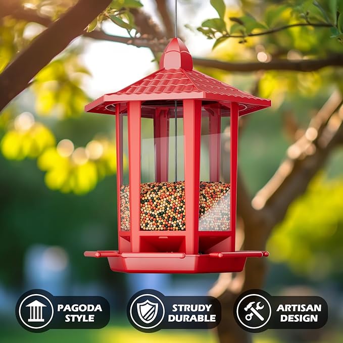 Birdream Bird Feeders for Outdoor Hanging, Fun Installation Pagoda Design Wild Birdfeeder, Attracting Wild Birds Sparrows Finch Cardinal Goldfinch Chickadee - Red