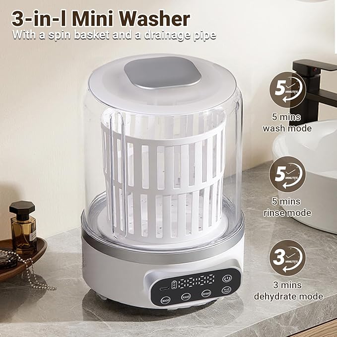 3L Portable Washing Machine,3 In 1 Portable Washer-Dryer Combo, Home Mini Underwear-Specific Washing Machine,3 Modes 3000mAh Laundry Machine for apartments, dormitories, travel, and hotels (White)