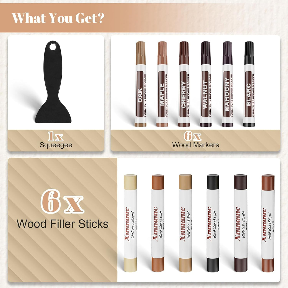 Wood Filler Sticks, 12 Colors Wood Wax Crayons Furniture Markers Touch Up for Repair Any Furniture Scratch, Scuffs, Cracks and Nail Holes on Wood Furniture, Floors, Doors, Cabinets, Tables
