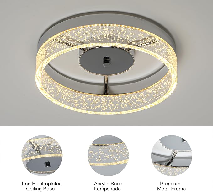 Jaycomey LED Flush Mount Ceiling Light Fixture, 11.6'' Round Modern Brushed Nickel Ceiling Lamp with Bubble Lampshade, 20W Dimmable Low Profile Kitchen Lighting Lamp for Bedroom Hallway Dining Room