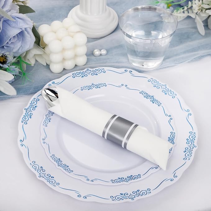 DaYammi 350Pcs Blue and White Plastic Plates Disposable Blue Plates for Party Include 50 Dinner plate,50 Dessert plate- 50 Per Rolled Napkins with Silver Cutlery- 50 Disposable Cups 9 OZ for Wedding