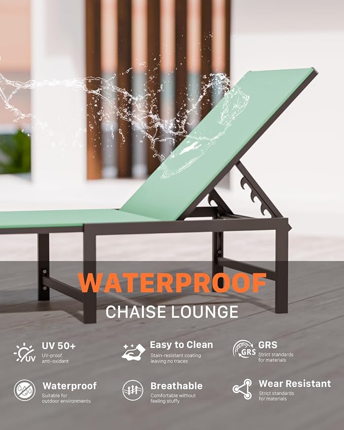 Patio Lounge Chair, Aluminum, 5 Adjustable Backrest,2 Piece,Green | Lightweight rustproof aluminum.5 adjustable backrest positions.Breathable quick-dry fabric.For poolside,beach,lawn,backyard.
