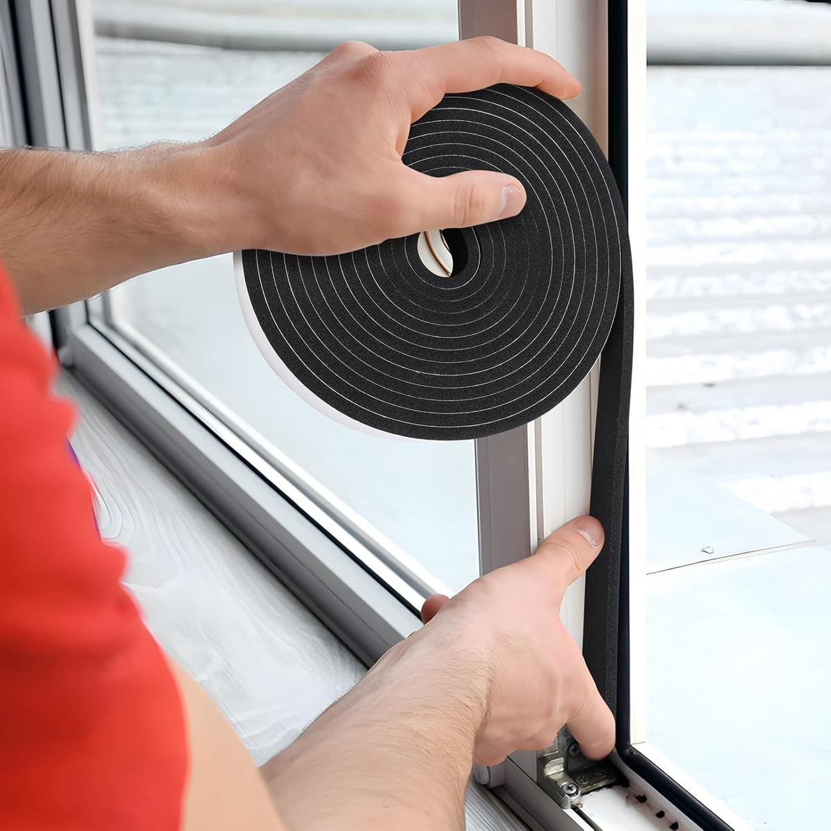 Weather Stripping Door Seal Strip- 1 Inch X 1/4 Inch X 16Feet, Strong Adhesive, Lightproof, Soundproof, Weatherproof Foam Tape Insulation for Sliding Door, Front Door Frame, Windows- Black
