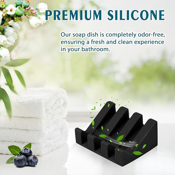 Silicone Soap Dish for Bar Soap Holder for Shower Bathroom Self Draining Waterfall Drying Tray Keep Soap Bars Dry Clean & Easy Cleaning (Black, 1)